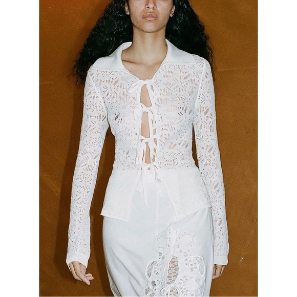 SEA New York Cream Tie-Front Nelle Lace Knit Cardigan - Picture 1 of 7